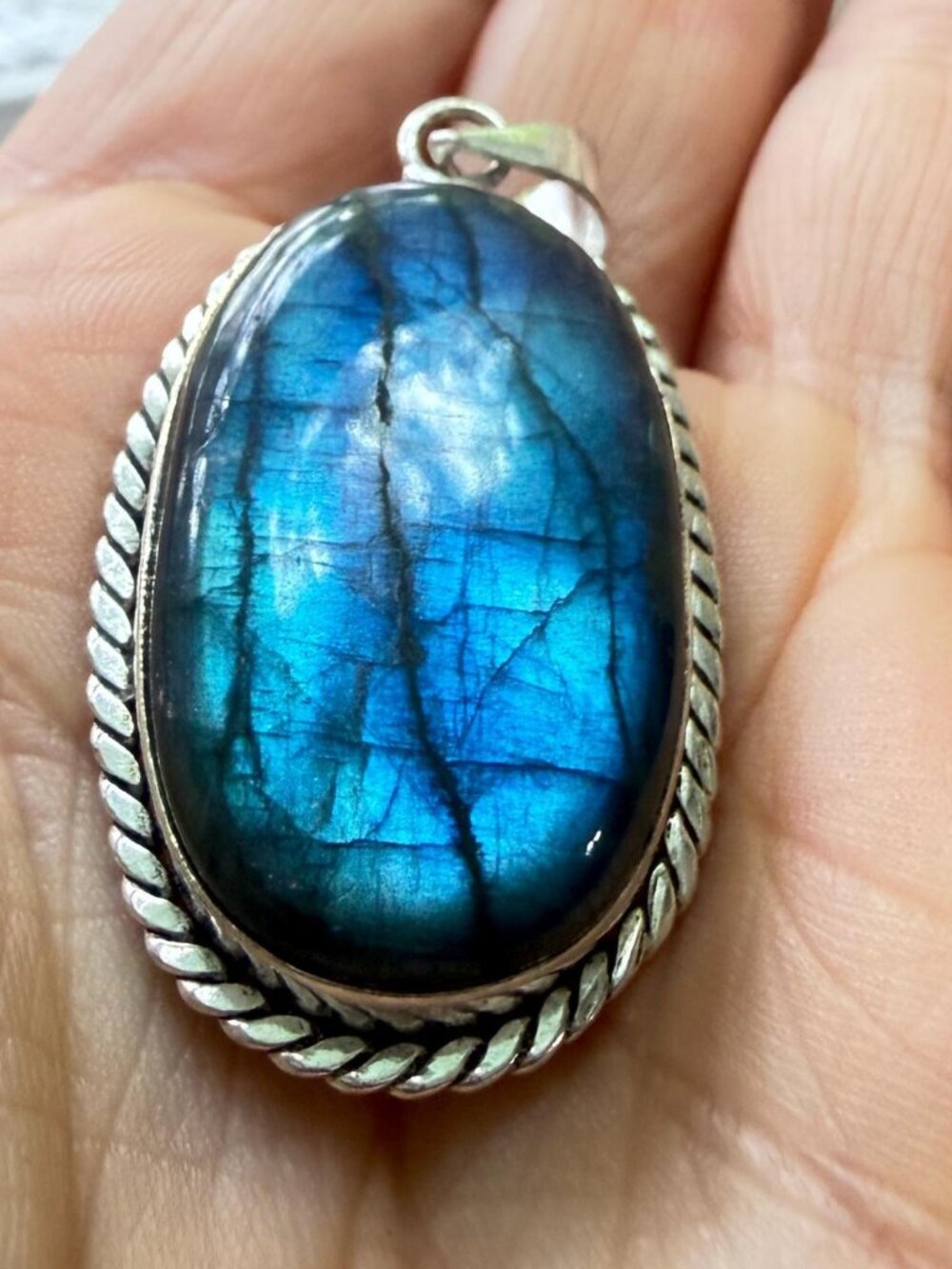 Labradorite Pendant Oval Blue Flash Stone Sterling Bale 2.25"
